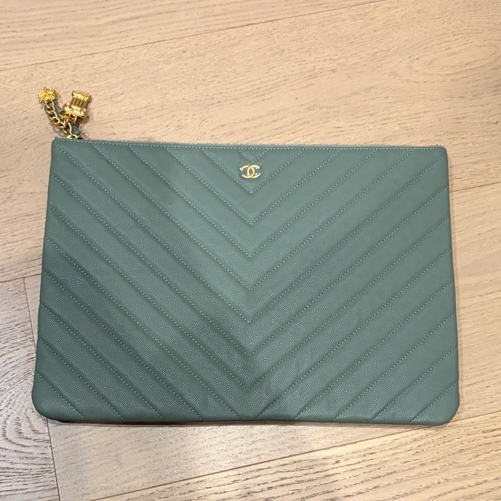 Chevron Quilted Clutch - Sage Green with Gold Hardware